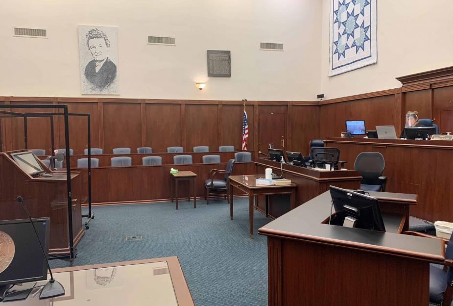 Chief Judge Barbara M.G. Lynn, of the Northern District of Texas, tries out her new face shield as she prepares for a June 1 jury trial in her courtroom.